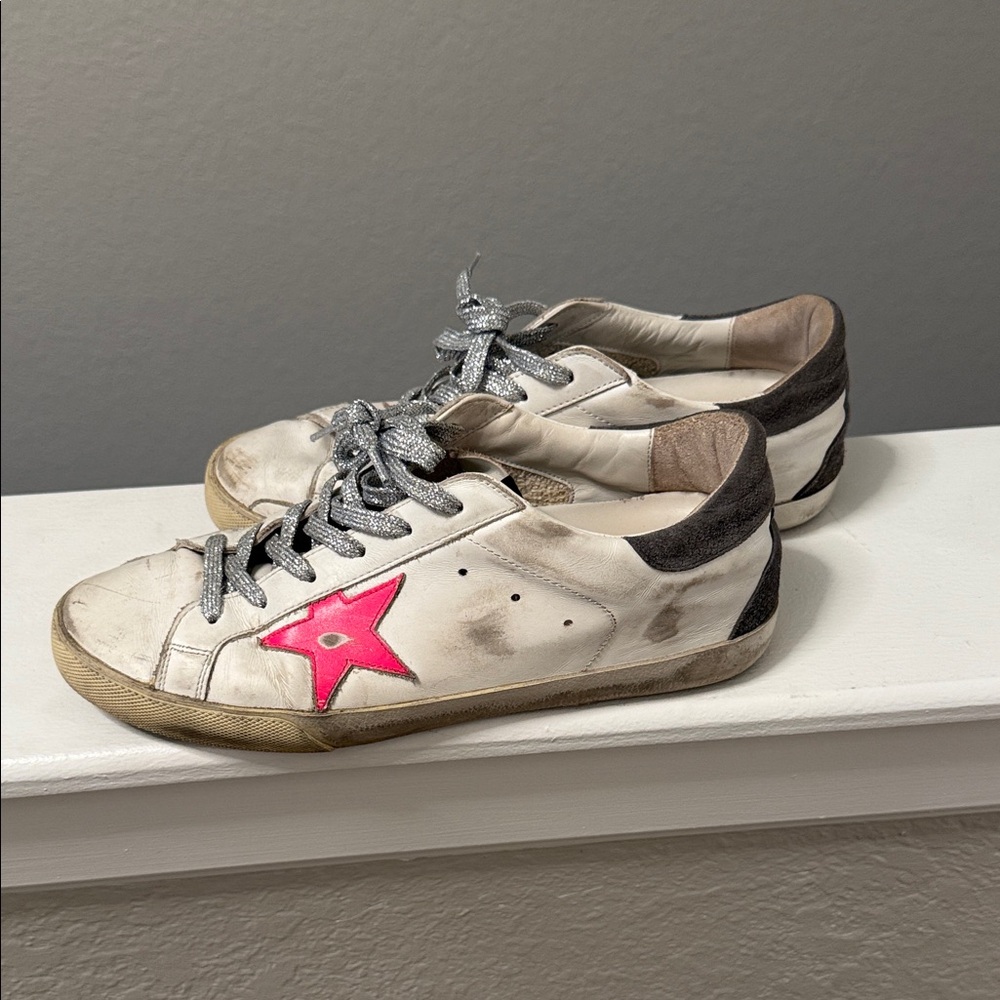 Golden Goose White Sneakers with Pink Star